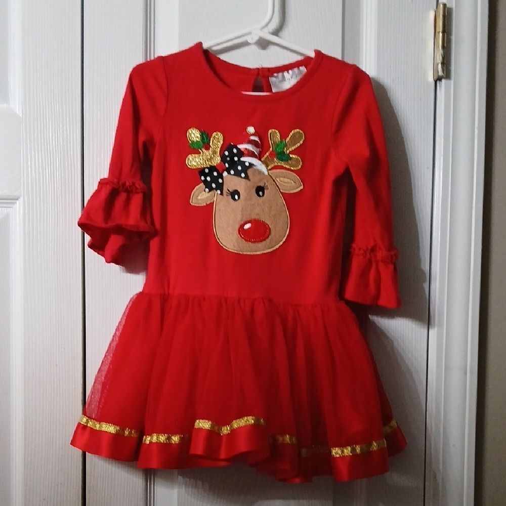 Emily Rose Red Reindeer Christmas Holiday Dress with Gold Accents Sz 4 EUC